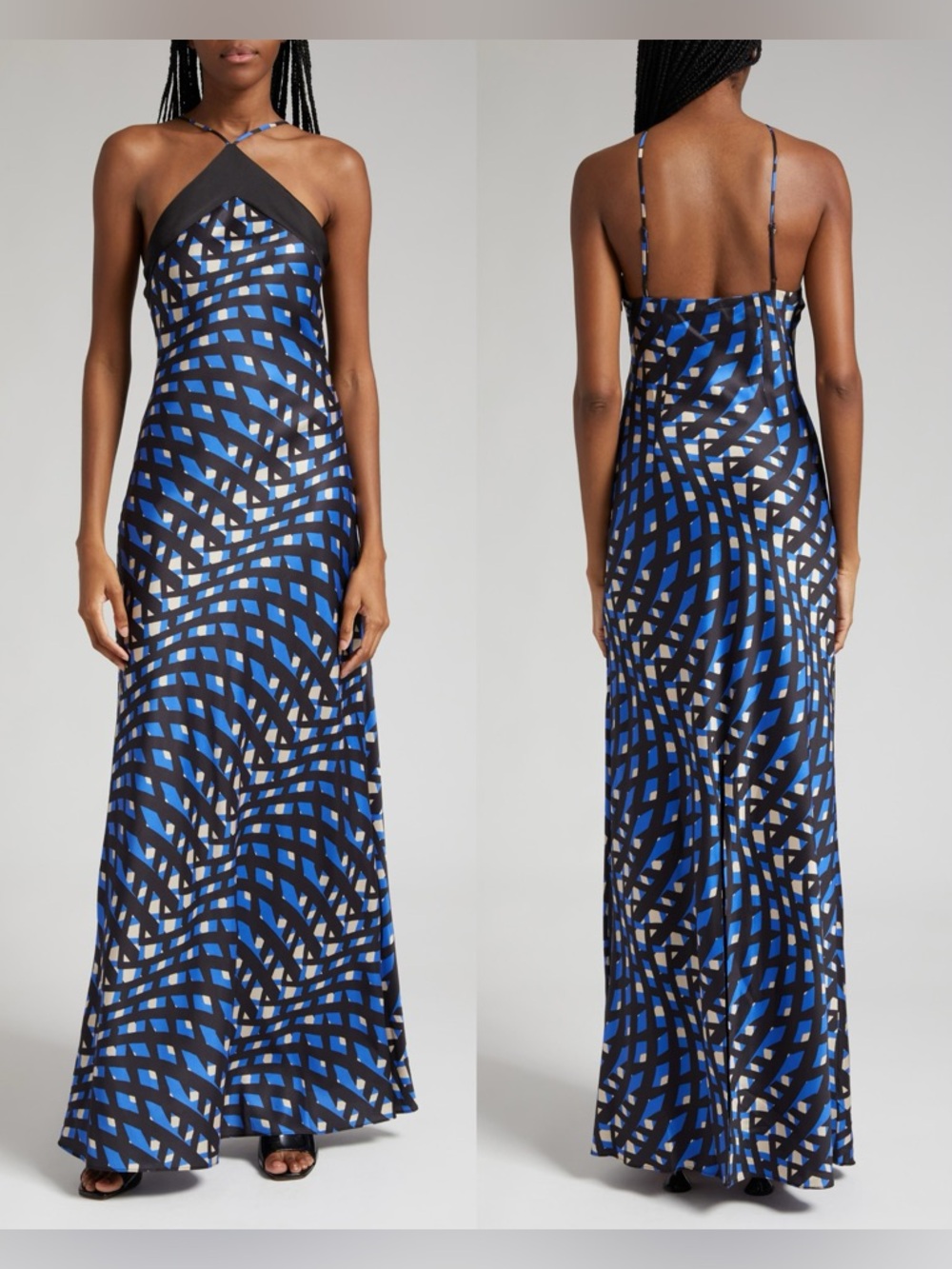 STAUD Cubism Printed Halterneck Satin Maxi Dress